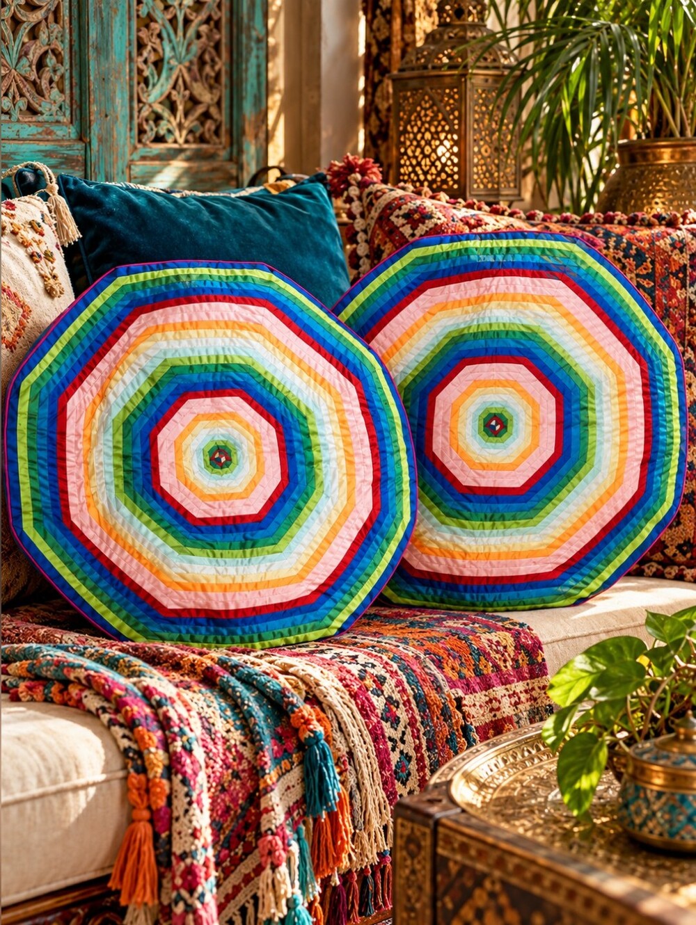 VTG Handmade Quilted Satin Rainbow Throw Pillow Covers Pair Set of 2 Retro 16"